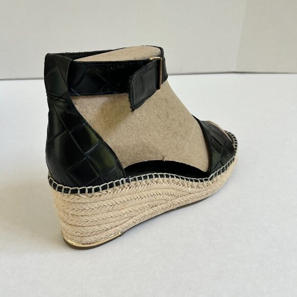 Size 11 Women's Black Leather Franco Sarto Clemens Wedge Espadrille Sandals - Picture 7 of 9